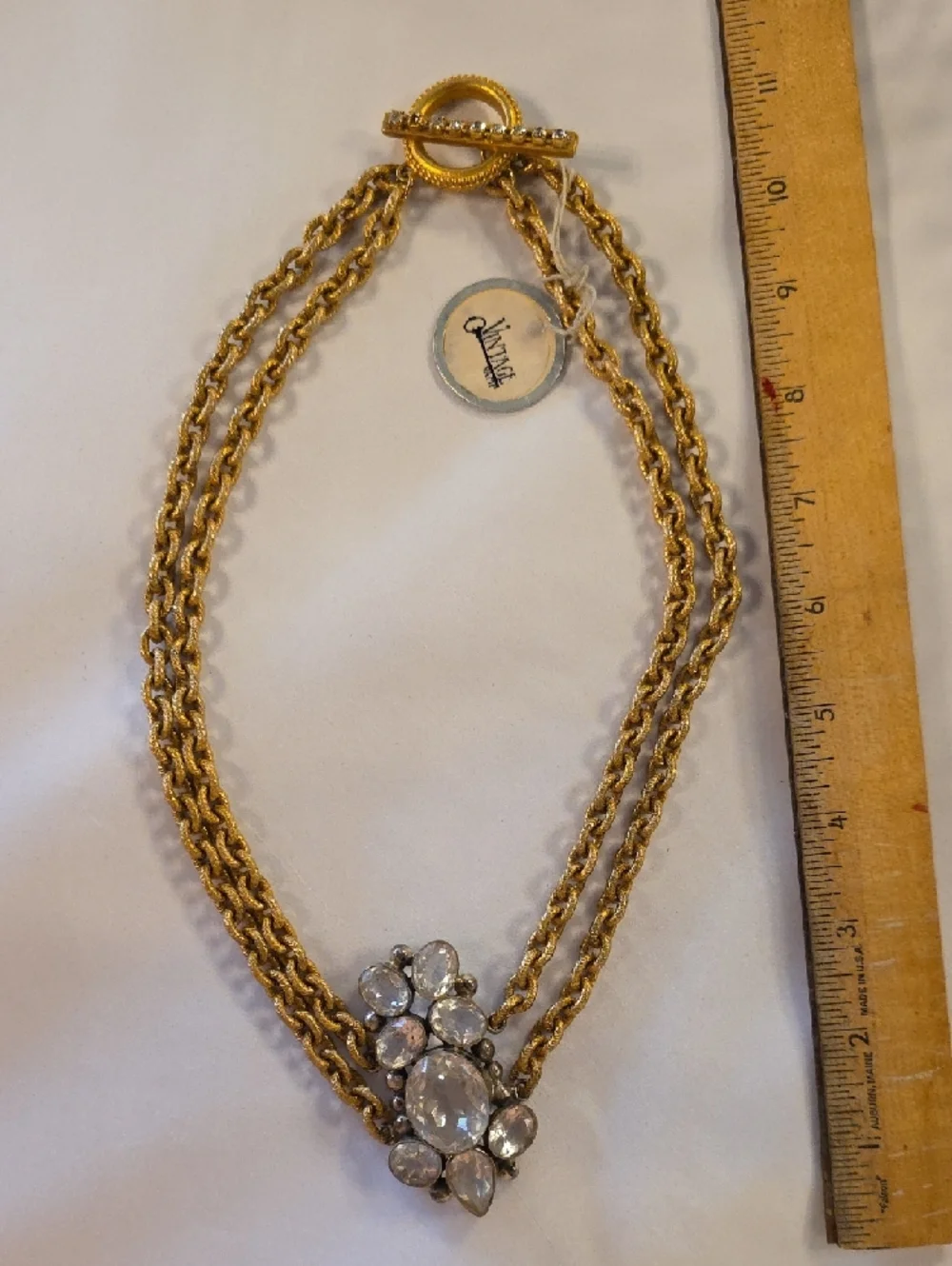 Gold-Tone Vintahe Crystal Statement Necklace - Clear Crystal Pendant - Picture 2 of 8